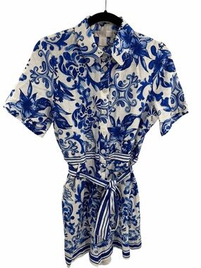 Caroline Constas Blue White Floral Linen Blend Romper Size 6 Coastal Chic Preppy